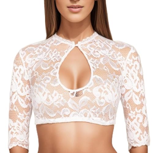 JiJiRuDU Dirndlbluse Damen Weiß Dirndl Bluse Spitze Trachtenbluse Trachtenmode Elegante Bluse Kurzarm Transparent Spitzendirndlbluse für Oktoberfest Dirndlbluse Spitze Dirndl Bluse Weiß Trachten von Generic