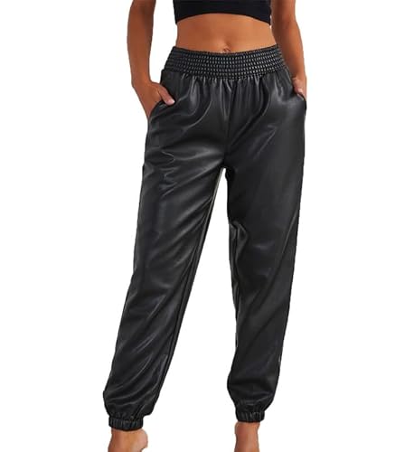 Jogging Lederhose für Damen lässige elastische schmal zulaufende Kunstleder Jogginghose mit hoher Taille von Generic