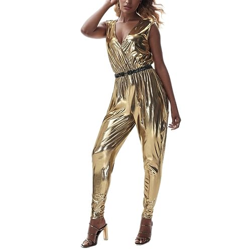 Jogging Set Damen Disco Disco Kostüm Musik Festival Rave Party Retro Hippie CosplayV Krawatte Hut Gold Onesie (Gold, M) von Generic