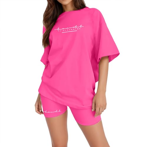 Jogging-Set für Damen, übergroß, kurzärmlig, 2-teilig, Sommer, T-Shirt und Shorts, Set Sweatshirt, Trainingsanzug, Sommer, Sportanzug, lässig, Tracksuit, Streetwear, locker, atmungsaktiv, Hot Pink, 38 Jogging-Set für Damen, übergroß, kurzärmlig, 2-teilig, Sommer, T-Shirt und Shorts, Set Sweatshirt, Trainingsanzug, Sommer, Sportanzug, lässig, Tracksuit, Streetwear, locker, atmungsaktiv, Hot Pink, 38 von Generic
