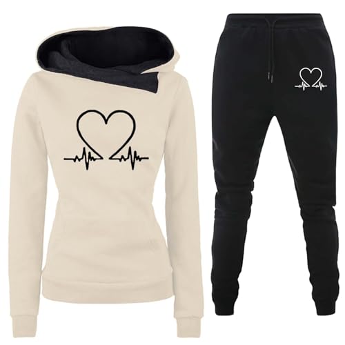 Jogginganzug Damen, Damen Trainingsanzug Set 2-Teilig Heartbeat Druck Hoodie Jogginghose Sweatshirt Hose Zweiteiler Damen Kapuzenpullover Sporthose Set Tracksuit Outfit Jogger Freizeitanzug von Generic