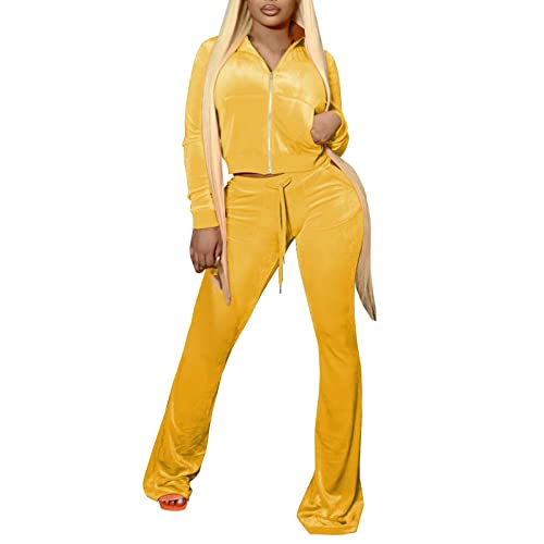 Jogginganzug Damen, Jogginganzug Damen Trainingsanzug Sportanzug Frauen 2 Teilig Freizeitanzug Samt Crop Jacke Einfarbig Zip Langarmshirt + Schlaghose 2 Stück Sportswear Bekleidungsset von Generic