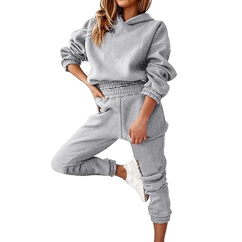 Jogginganzug Damen,Damen Sportanzug Traingsanzug Jogginganzug Frauen 2 Teilig Freizeitanzug Crop Hoodie Kapuzenpullover Einfarbig Langarm Top + Lang Hosen Sportswear 2 Stück Bekleidungsset von Generic