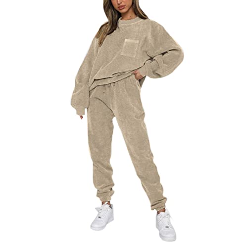 Jogginganzug Damen,Hausanzug Fleece Damen Flauschig Teddyplüsch Gefüttert Winter Elegant Bekleidungsset Zweiteilig Frauen Teddyfleece Warm Freizeitanzug 2 Teilig Langarm Oberteile und Hose von Generic