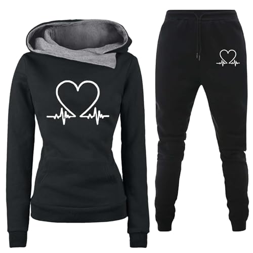Jogginganzug Damen 2 Teiliges Trainingsanzug Set Herzschlag Druck Outfit Sport Freizeit Kapuzenpullover Slim Hosenanzug mit Taschen Outdoor Sweatshirt Hosenanzug Damen Set (A-Black, XXL) von Generic