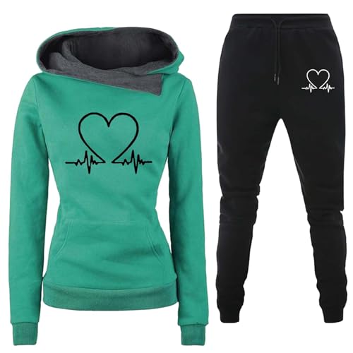Jogginganzug Damen 2 Teiliges Trainingsanzug Set Herzschlag Druck Outfit Sport Freizeit Kapuzenpullover Slim Hosenanzug mit Taschen Outdoor Sweatshirt Hosenanzug Damen Set (A-Green, L) von Generic