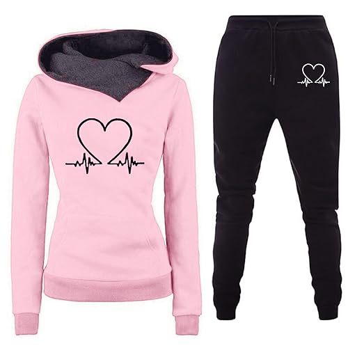 Jogginganzug Damen 2 Teiliges Trainingsanzug Set Herzschlag Druck Outfit Sport Freizeit Kapuzenpullover Slim Hosenanzug mit Taschen Outdoor Sweatshirt Hosenanzug Damen Set (A-Pink, M) von Generic