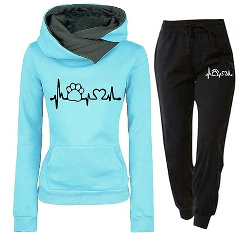 Jogginganzug Damen 2 Teiliges Trainingsanzug Set Herzschlag Druck Outfit Sport Freizeit Kapuzenpullover Slim Hosenanzug mit Taschen Outdoor Sweatshirt Hosenanzug Damen Set (B-Blue, L) von Generic