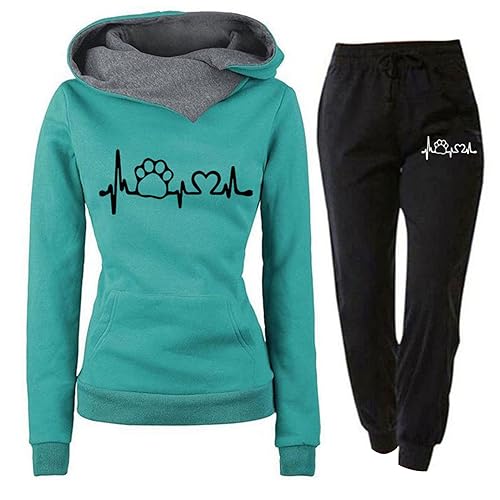 Jogginganzug Damen 2 Teiliges Trainingsanzug Set Herzschlag Druck Outfit Sport Freizeit Kapuzenpullover Slim Hosenanzug mit Taschen Outdoor Sweatshirt Hosenanzug Damen Set (B-Green, L) von Generic