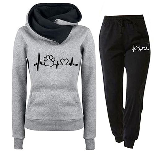 Jogginganzug Damen 2 Teiliges Trainingsanzug Set Herzschlag Druck Outfit Sport Freizeit Kapuzenpullover Slim Hosenanzug mit Taschen Outdoor Sweatshirt Hosenanzug Damen Set (B-Grey, M) von Generic