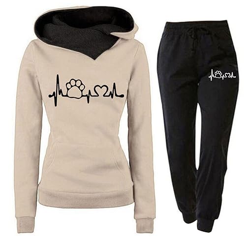 Jogginganzug Damen 2 Teiliges Trainingsanzug Set Herzschlag Druck Outfit Sport Freizeit Kapuzenpullover Slim Hosenanzug mit Taschen Outdoor Sweatshirt Hosenanzug Damen Set (B-Khaki, M) von Generic