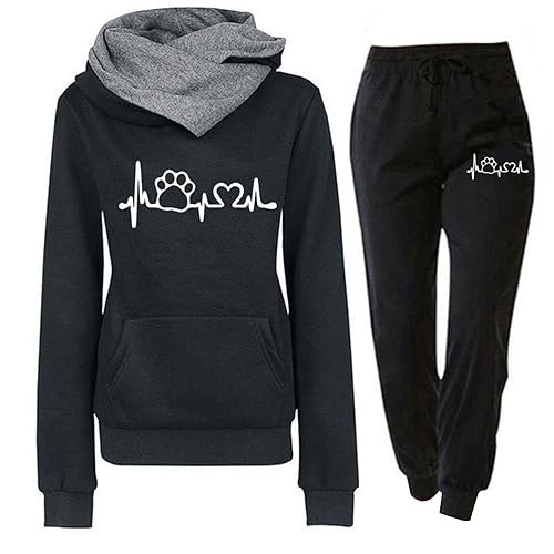 Jogginganzug Damen 2 Teiliges Trainingsanzug Set Herzschlag Druck Outfit Sport Freizeit Kapuzenpullover Slim Hosenanzug mit Taschen Outdoor Sweatshirt Hosenanzug Damen Set (C-Black, L) von Generic