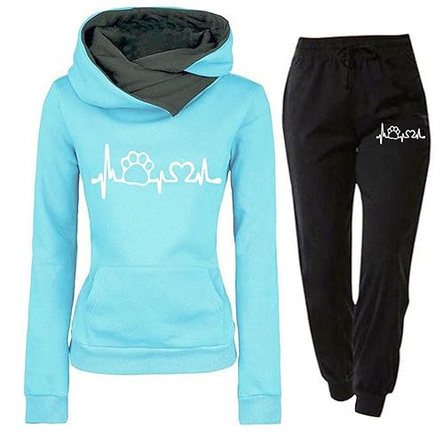 Jogginganzug Damen 2 Teiliges Trainingsanzug Set Herzschlag Druck Outfit Sport Freizeit Kapuzenpullover Slim Hosenanzug mit Taschen Outdoor Sweatshirt Hosenanzug Damen Set (C-Blue, L) von Generic