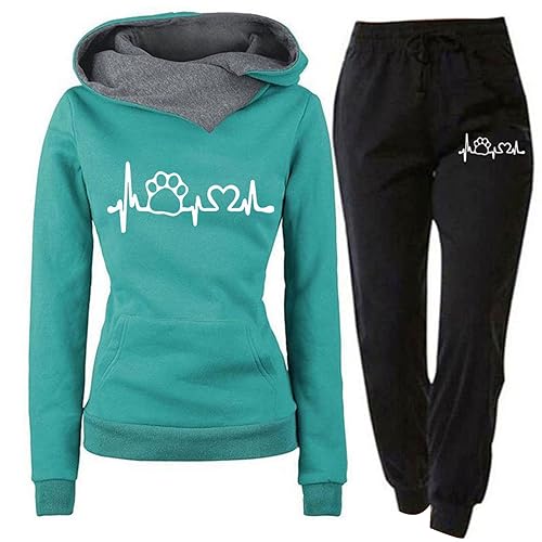 Jogginganzug Damen 2 Teiliges Trainingsanzug Set Herzschlag Druck Outfit Sport Freizeit Kapuzenpullover Slim Hosenanzug mit Taschen Outdoor Sweatshirt Hosenanzug Damen Set (C-Green, M) von Generic
