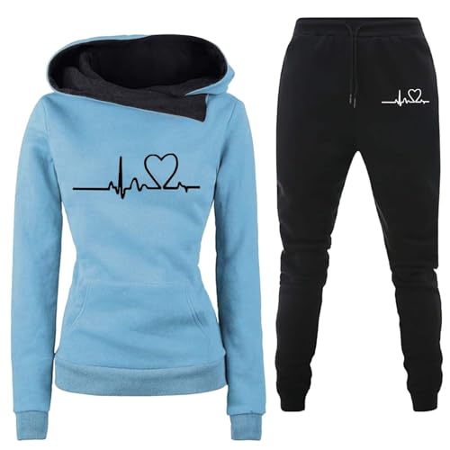 Jogginganzug Damen 2 Teiliges Trainingsanzug Set Herzschlag Druck Outfit Sport Freizeit Kapuzenpullover Slim Hosenanzug mit Taschen Outdoor Sweatshirt Hosenanzug Damen Set (D-BU2, M) von Generic