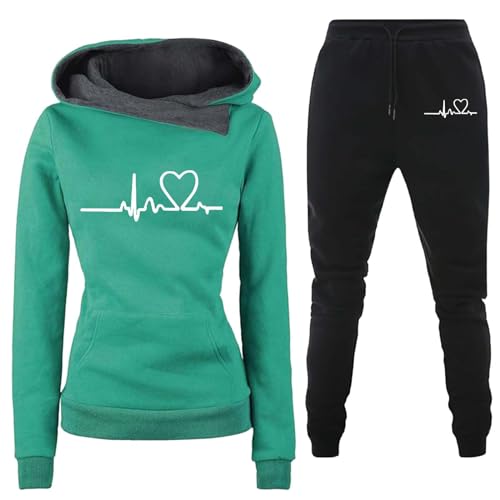 Jogginganzug Damen 2 Teiliges Trainingsanzug Set Herzschlag Druck Outfit Sport Freizeit Kapuzenpullover Slim Hosenanzug mit Taschen Outdoor Sweatshirt Hosenanzug Damen Set (D-Green, XXL) von Generic