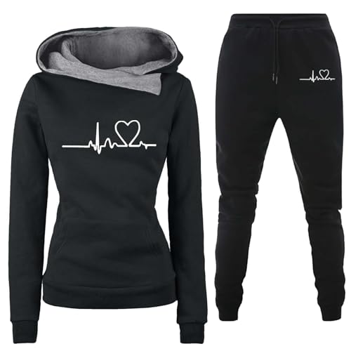 Jogginganzug Damen 2 Teiliges Trainingsanzug Set Herzschlag Druck Outfit Sport Freizeit Kapuzenpullover Slim Hosenanzug mit Taschen Outdoor Sweatshirt Hosenanzug Damen Set (E-Black, L) von Generic