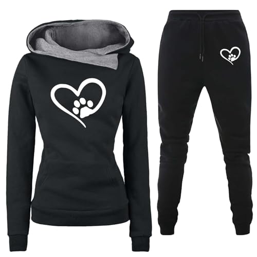 Jogginganzug Damen 2 Teiliges Trainingsanzug Set Herzschlag Druck Outfit Sport Freizeit Kapuzenpullover Slim Hosenanzug mit Taschen Outdoor Sweatshirt Hosenanzug Damen Set (F-Black, L) von Generic