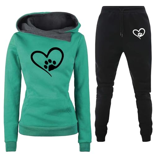 Jogginganzug Damen 2 Teiliges Trainingsanzug Set Herzschlag Druck Outfit Sport Freizeit Kapuzenpullover Slim Hosenanzug mit Taschen Outdoor Sweatshirt Hosenanzug Damen Set (F-GN1, L) von Generic