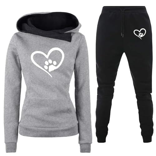 Jogginganzug Damen 2 Teiliges Trainingsanzug Set Herzschlag Druck Outfit Sport Freizeit Kapuzenpullover Slim Hosenanzug mit Taschen Outdoor Sweatshirt Hosenanzug Damen Set (F-Grey, M) von Generic