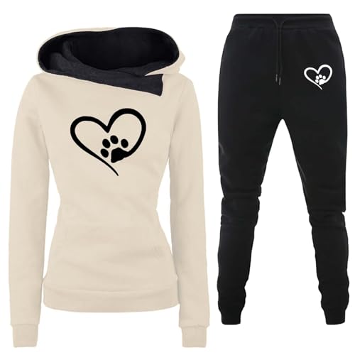 Jogginganzug Damen 2 Teiliges Trainingsanzug Set Herzschlag Druck Outfit Sport Freizeit Kapuzenpullover Slim Hosenanzug mit Taschen Outdoor Sweatshirt Hosenanzug Damen Set (F-KH2, M) von Generic