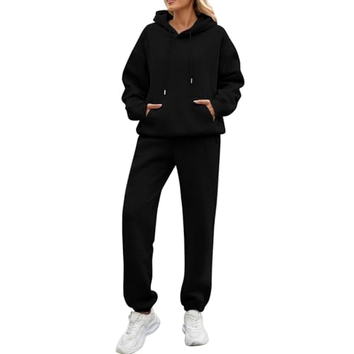 Jogginganzug Damen Set,Zweiteiler Damen Winter,Damen Tracksuit Set Langarm Hoodie Jogger Rundhalsausschnitt Zweiteiliges Outfit Trainingsanzug Weich Baumwolle Hausanzug,Schwarz,XL von Generic