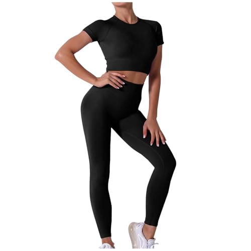 Jogginganzug Damen Set Yoga Jogginganzug Set Stretch Activewear Dehnbare Bekleidungssets 2 Stück Trainingsanzug Gym Leggings Set Sport Outfit Damen Fitness Set Blumen Offer（2-Black，L） von Generic