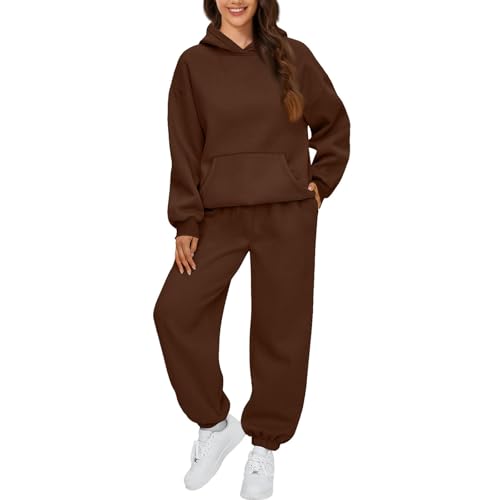 Jogginganzug Damen Tracksuit Set Loungewear Trainingsanzug Einfarbig Dick Hoodies Sets Warm Langarm Freizeitanzug Casual Activewear mit Taschen,Braun,M von Generic