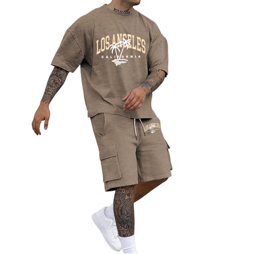 Jogginganzug Herren Kurz Oversized Trainingsanzug Zweiteiler Einfarbig Sets mit Tshirt und Kurze Cargohose für Herren Sommer Outdoor Sportanzug Y2K Trendy Streetmode Freizeitanzug von Generic
