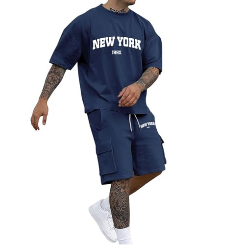 Jogginganzug Herren Kurz Oversized Trainingsanzug Zweiteiler Einfarbig Sets mit Tshirt und Kurze Cargohose für Herren Sommer Outdoor Sportanzug Y2K Trendy Streetmode Freizeitanzug von Generic
