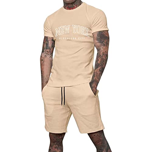 Jogginganzug Herren Trainingsanzug für Herren Sommer Sportanzug 2 Teiliges Bedruckter Outfit Sport Set Kurzarm T-Shirts + Kurze Hose Freizeitanzug Männer Rundhals Oberteile Sporthose von Generic