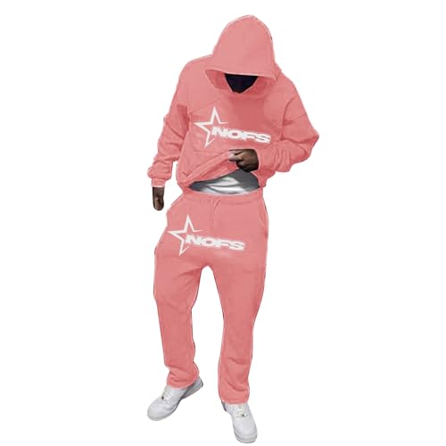 Jogginganzug NOFS Y2K Herren - 2-Teilig Tracksuit mit Hoodie und Sporthose | Streetwear Style | NOFS Fashion Trainingsanzug für Herren Damen 2024 Rosa XL von Generic
