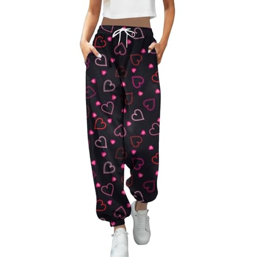 Jogginghose Damen, Damen Jogginghose Grau Lang Sporthose mit Taschen Herz Drucken Trainingshose Freizeithose High Waist Sweathose Frauen Lose Kordelzug Jogging Hose Sweatpants Laufhosen von Generic