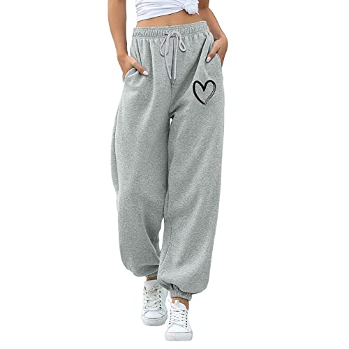 Jogginghose Damen, Damen Jogginghose Grau Lang Sporthose mit Taschen Herz Drucken Trainingshose Freizeithose High Waist Sweathose Frauen Lose Kordelzug Jogging Hose Sweatpants Laufhosen von Generic
