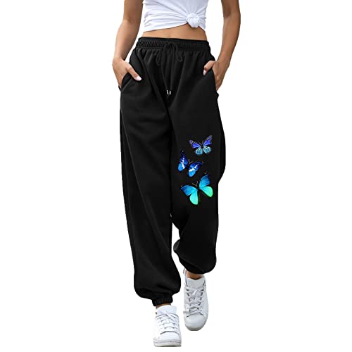 Jogginghose Damen, Damen Jogginghose Lang High Waist Trainingshose mit Taschen Schmetterling Drucken Sporthose Freizeithose Frauen Kordelzug Sweathose Jogging Hose Sweatpants Laufhosen von Generic