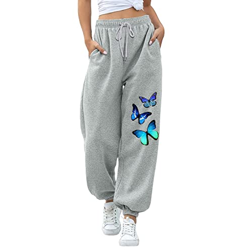 Jogginghose Damen, Damen Jogginghose Lang High Waist Trainingshose mit Taschen Schmetterling Drucken Sporthose Freizeithose Frauen Kordelzug Sweathose Jogging Hose Sweatpants Laufhosen von Generic