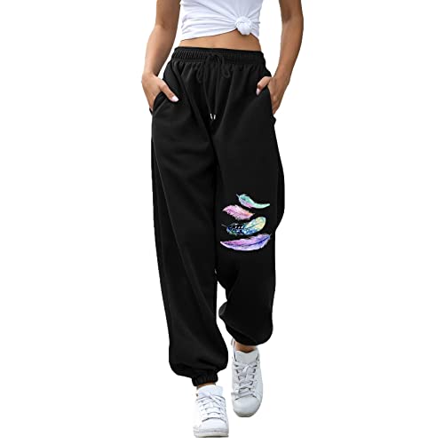 Jogginghose Damen, Damen Jogginghose Lang High Waist Trainingshose mit Taschen Schmetterling Drucken Sporthose Freizeithose Frauen Kordelzug Sweathose Jogging Hose Sweatpants Laufhosen von Generic