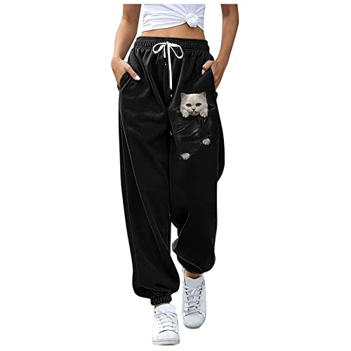 Jogginghose Damen, Jogginghose Damen Baumwolle Sporthose Lang Sweatpants Frauen Katze Kordelzug Trainingshose Fitness High Waist Freizeithose Laufhosen Sweathose Jogging Hose von Generic