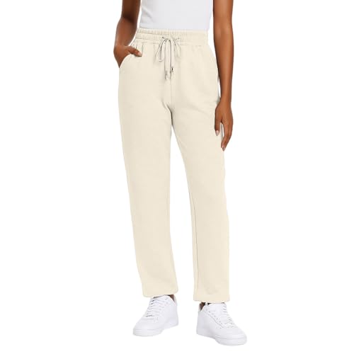 Jogginghose Damen Baumwolle Jogger Lang Sweathose Baggy Lässige Hose mit Taschen Sweatpants Oversize Sporthose Weit Casual Cinch-Bottom Hosen,Beige,M von Generic