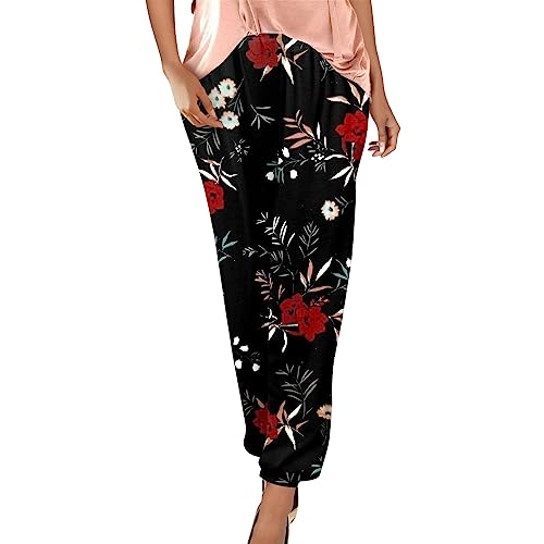 Jogginghose Damen Blumendruck Freizeithose Boho Strandhose Straight Bein Hosen Loose Haremshose Casual Bequeme Stoffhose Frauen Yogahose High Waist von Generic