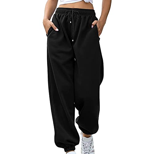 Jogginghose Damen Jogger Laufhosen Sweatpants Lang Freizeithosen High Waist Trainingshose Sporthose Lässige Loose Sweathose mit Taschen Yogahose Oversize Sommerhose Casual Mode (Black-6, XXL) von Generic