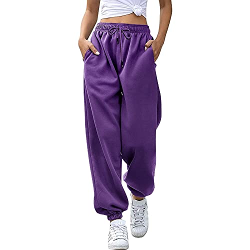Jogginghose Damen Jogger Laufhosen Sweatpants Lang Freizeithosen High Waist Trainingshose Sporthose Lässige Loose Sweathose mit Taschen Yogahose Oversize Sommerhose Casual Mode (Purple-4, M) von Generic