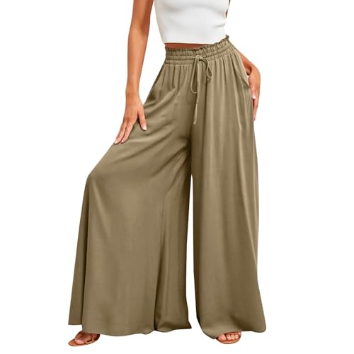 Jogginghose Damen Jogpants Sommerhosen Locker Einfarbig weitem Beinschnitt Lang Hose mit Tunnelzug Sommer leicht Wanderhose(Beige, M) von Generic