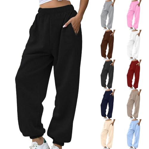 Jogginghose Damen Lang Baumwolle - Sporthose Gummibund Stoffhose Mit Taschen High Waist Trainingshose Loose Fit Freizeithose Bequeme Lockere Sweathose Baggy Y2K Laufhose Yogahose von Generic