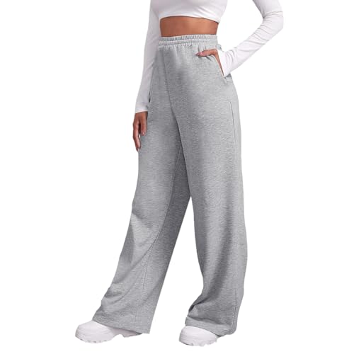 Jogginghose Damen Lang Open Leg Jogger Grau Sweatpants Damen Grau Wide Leg Hose Mit Taschen Stoffhose High Waist Bequeme Lockere Freizeithose Fitness Loungewear von Generic