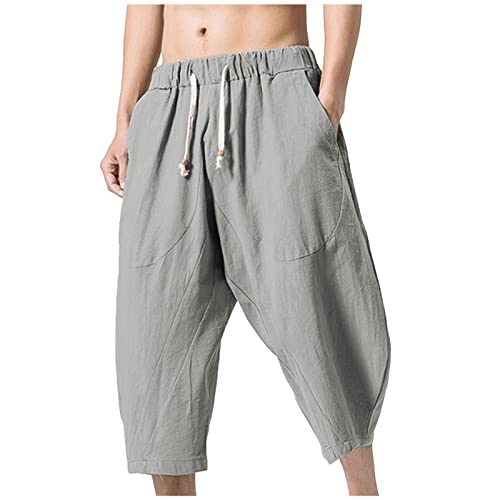 Jogginghose Herren Baumwolle und Leinen 3/4 Haremshose Elastisch Gummibund Kordelzug Arbeitsshorts mit Tasche Casual Loose Einfarbig Leinenhose Sporthose Kurz Sommer Leichtes Capri Shorts von Generic