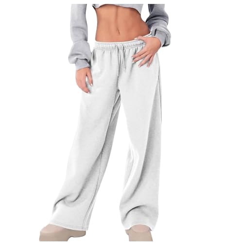 Jogginghose for Damen, Baggy-Hose mit weitem Bein, Dehnbare Low-Rise-Sweathose, lockere Passform, Sporthose mit Taschen(White,L) von Generic