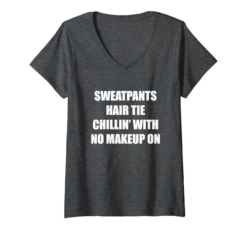 Jogginghose mit Haargummi Chillin' ohne Make-up T-Shirt mit V-Ausschnitt, Damen, Anthrazit Meliert, XL Jogginghose mit Haargummi Chillin' ohne Make-up T-Shirt mit V-Ausschnitt, Damen, Anthrazit Meliert, XL von Generic
