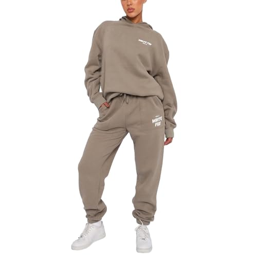 Joggingsanzug Damen, 2024 White Fox Damen Hausanzug mit Kapuze 2 Teile Herbst Buchstaben Druck Langarm Trainingsanzug Loose Trainingsanzug Freizeitanzug Kapuzenpullover Jogginghose für Damen Yoga Gym von Generic