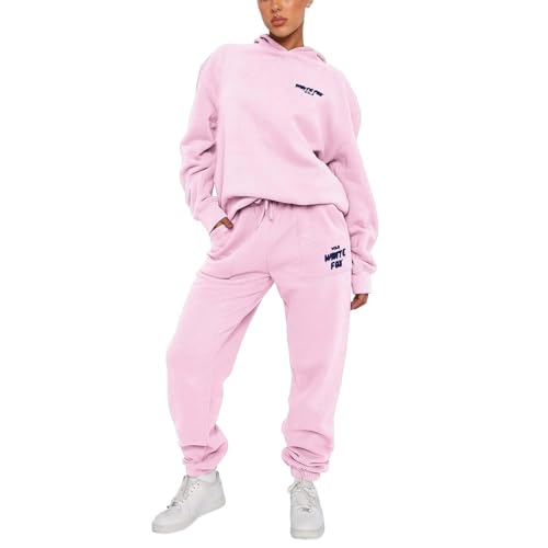 Joggingsanzug Damen, 2024 White Fox Damen Hausanzug mit Kapuze 2 Teile Herbst Buchstaben Druck Langarm Trainingsanzug Loose Trainingsanzug Freizeitanzug Kapuzenpullover Jogginghose für Damen Yoga Gym von Generic